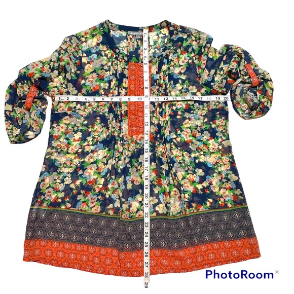 DANIEL RAINN FLORAL MIXED PRINT SEMI-SHEER PLEATED POP-OVER TUNIC BABYDOLL SzM - Picture 8 of 8